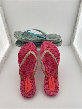 Ilse Jacobsen Pink Woven Flip Flops with Gold and Tan Straps